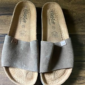 Brown leather slides, good condition